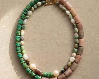 Natural Gemstone Necklace: Handmade Pearl and Turquoise Jewelry, Long or Doubled Around Necklace