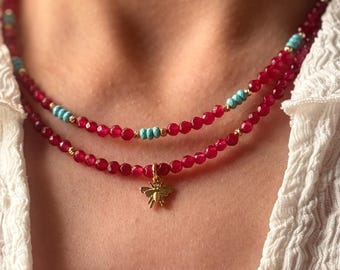 Dainty Red Agate Necklace with Turquoise Beads, Minimal Red Gem Beaded Necklace, Natural Stone Choker, Birthday Gifts for Women
