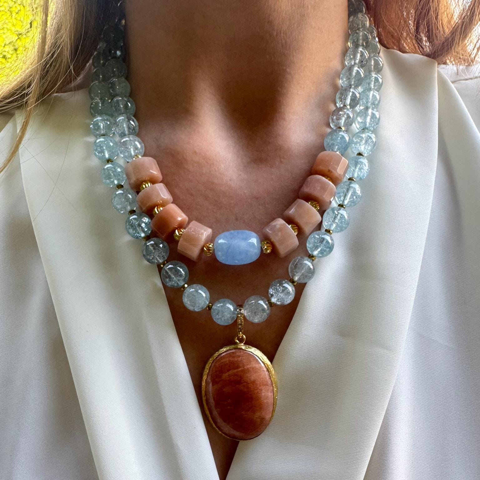 Gemstone Necklace: Blue Quartz Statement Choker, Natural Sun Stone