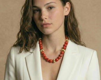 Red Bamboo Coral Choker: Layered Necklace, Beaded Gold Ball Coral Statement Jewelry, Gift for Women