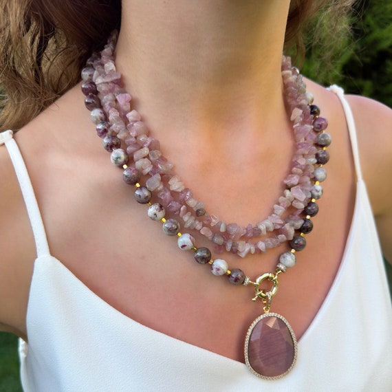 Statement Necklace, Pink Tourmaline Jewelry Set, Handmade Gemstone Jewellery, Birthday Gift for Women
