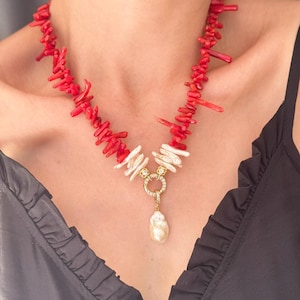 Red Coral Baroque Pearl Statement Necklace: Natural Gemstone Choker