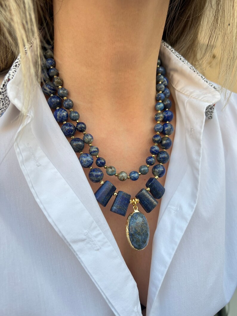 Lapis Lazuli Necklace Dark Blue Gemstone Necklace Beaded Etsy