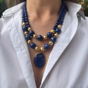 Handmade Lapis Lazuli Necklace: Blue & Gold Statement Jewelry