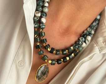 Green Moss Agate Necklace with Handmade Pendant, Chunky Statement Gemstone Jewelry for Summer Style
