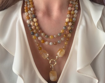 Handmade Agate Necklace: Natural Citrine Jewelry, Multi strand Gemstone Necklace, Statement Christmas Gifts, Unique Anniversary Present