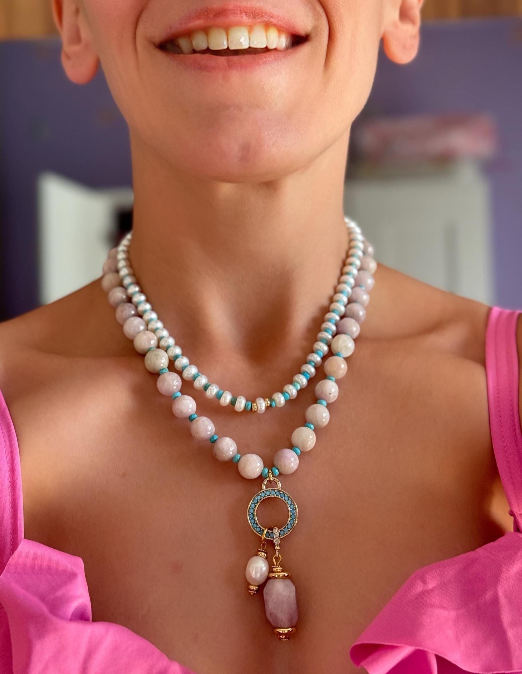 Pearl Choker: Natural Kunzite Necklace, Gemstone Charm Jewelry