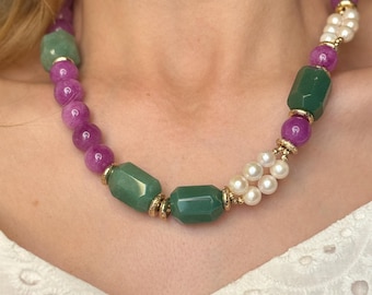 Collar de perlas y piedras preciosas hecho a mano, gargantilla gruesa de aventurina con cuentas, joyería veraniega llamativa para ella.