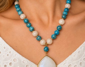 Collar de capas con piedra lunar y cuentas de turquesa, colgante llamativo hecho a mano para mujer.