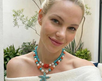 Turquoise Jewelry: Layered Gemstone Necklace, Starfish Earrings, Pearl Statement Choker, Natural Stone Statement Gift