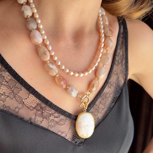 Soft Agate Necklace Unique Pink Natural Pearl Jewelry Birthday Gifts Layered Gemstone Necklace for Mothers Day Gift Pearl Agate Jewelry