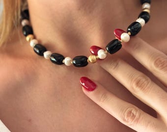 Gargantilla de ónix y perlas: Collar artesanal con cuentas de piedras preciosas negras, elegante regalo de cumpleaños para mujer, regalo navideño para ella