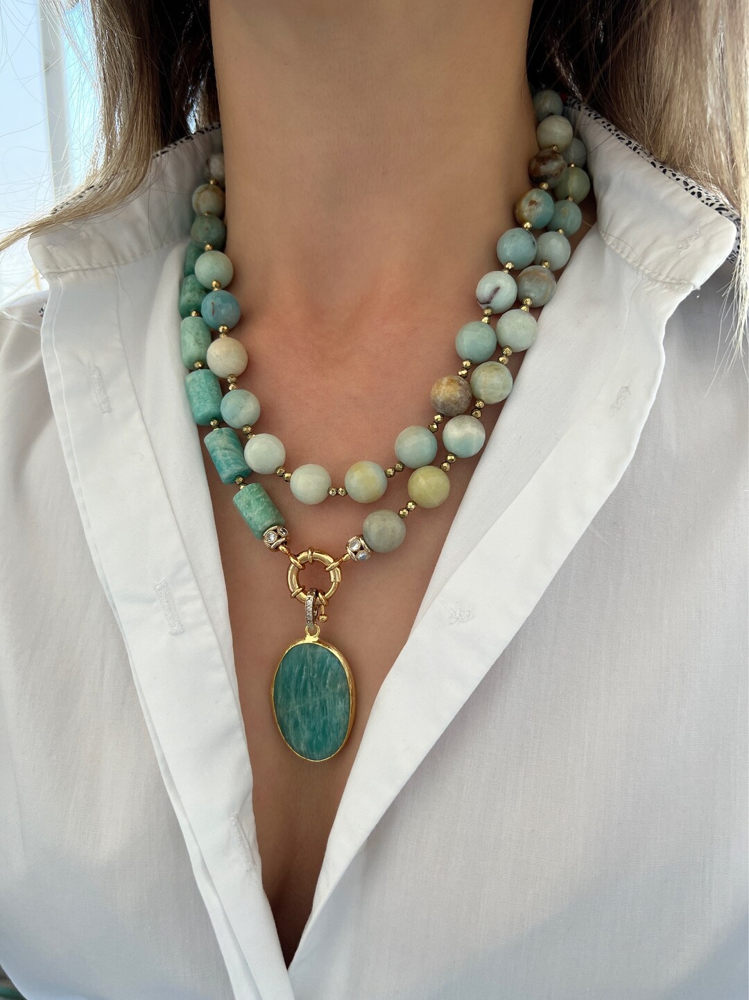 Amazonite Necklace: Beaded Gemstone Jewelry, Big Bold Chunky Statement ...