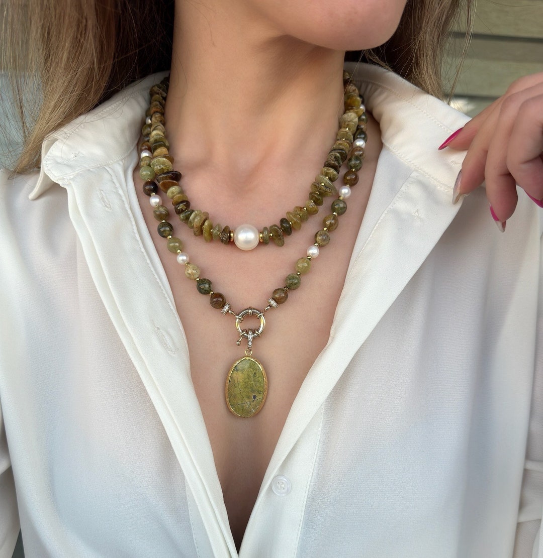 Gemstone Necklace Green Garnet Jewelry Healing Stones With - Etsy