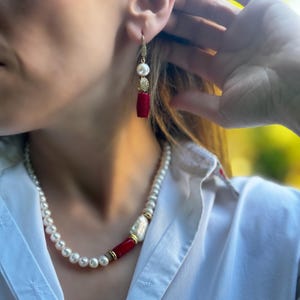 Natural Pearl Jewelry Set - Handmade Pearl Coral Necklace Earring Jewelry, Unique Birthday Gift, For Mom