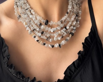 Multi-Strand Rutile Quartz Necklace, Natural Chunky Gemstone Choker for Summer Weddings, Handmade Birthday Gift for Her