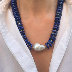 Lapis Lazuli & Baroque Pearl Choker: Chunky Gemstone Statement Necklace