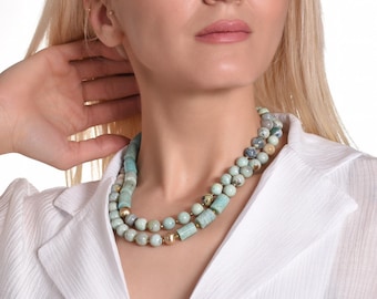 Amazonite Necklace: Handmade Bohemian Agate Jewelry, Natural Gemstone Choker, Unique Anniversary Gift, Holiday Present