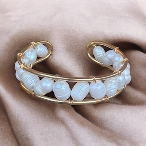 22K Gold Plated Pearl Cuff Bracelet: Elegant Bridal Jewelry