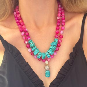 Pink Agate Statement Necklace: Layered Gemstone Beaded Jewelry