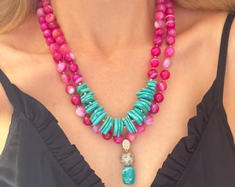Pink Agate Statement Necklace: Layered Gemstone Jewelry Gift for Christmas, 30th Birthday Gifts for Her, Anniversary Presents for Mum