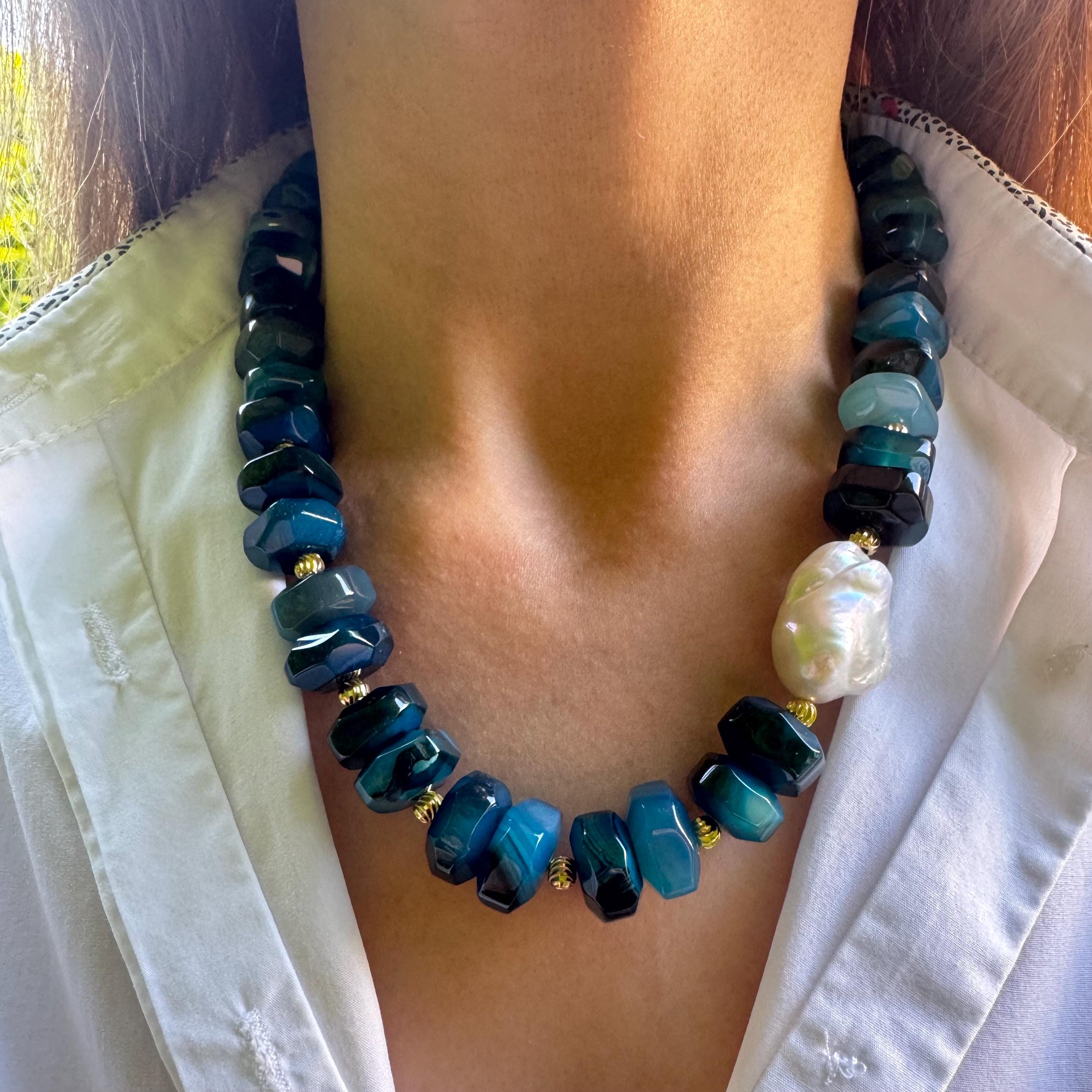 Blue Agate Baroque Pearl Necklace: Gold-Plated Statement Jewelry