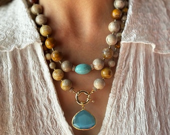 Turquoise and Jasper Necklace, Big Bold Turquoise Jasper Statement Jewelry, Unique Gift for Mom