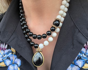 Collar de Ónix y Piedra Lunar, Joyas De Piedras Preciosas Hechas a Mano A Mano De Cuentas, Regalos De Cumpleaños Para Mujeres, Collar Colgante Único, Regalo