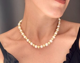 Natural Pearl Necklace, Handmade Choker with  Brass Beads, Modern Pearl Jewelry, Christmas Gifts for Mama, Gift for Her