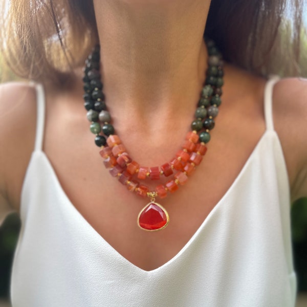 Agate Necklace, Orange and Green Gemstone Jewelry, Beaded Handmade Statement Necklace, Birthday Gift for Wife, Christmas Gift