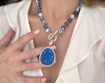 Collar de ágata azul: colgante de piedras preciosas hecho a mano, regalo de Navidad con cuentas, gargantilla llamativa