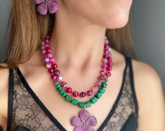 Pink Agate Jewelry Set: Handmade Turquoise Statement Necklace, Natural Gemstone Jewelry, Big Flower Earrings, Christmas Gift