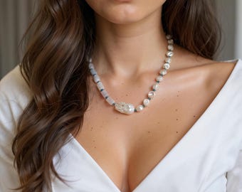 Baroque Pearl Necklace: Blue Quartz Choker, Layered Necklace, Christmas Gifts for Her, Anniversary Present, 30th Birthday Gifts For Women