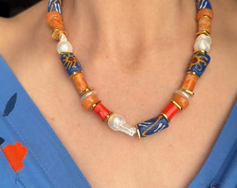 Ghana Bead Necklace, Handmade Natural Stone Statement Jewelry, Baroque Pearl Choker