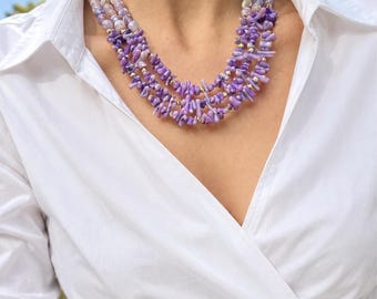 Purple Agate and Coral Multi-Strand Necklace, Chunky Statement Gemstone Jewelry for Women