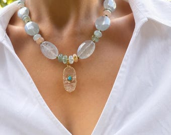Quartz and Morganite Necklace, Chic Gemstone Casual Jewelry for Women, Handmade Birthday Gift