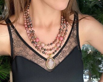 Soft Pink Rhodonite Necklace, Multistrand Gemstone Jewelry for Women, Love Stone, Unique Anniversary Gift, Beaded Necklace