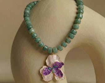 Aventurine Choker: Layered Gemstone Beaded Necklace, Bold Statement Jewelry, Big Flower Pendant Necklace