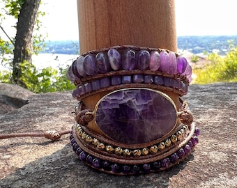 Natural Amethyst Bracelet, Handmade Amethyst 5 Wrap Bracelet, February Birthstone Bracelet, Purple Amethyst Bracelet, Boho Spiritual Jewelry