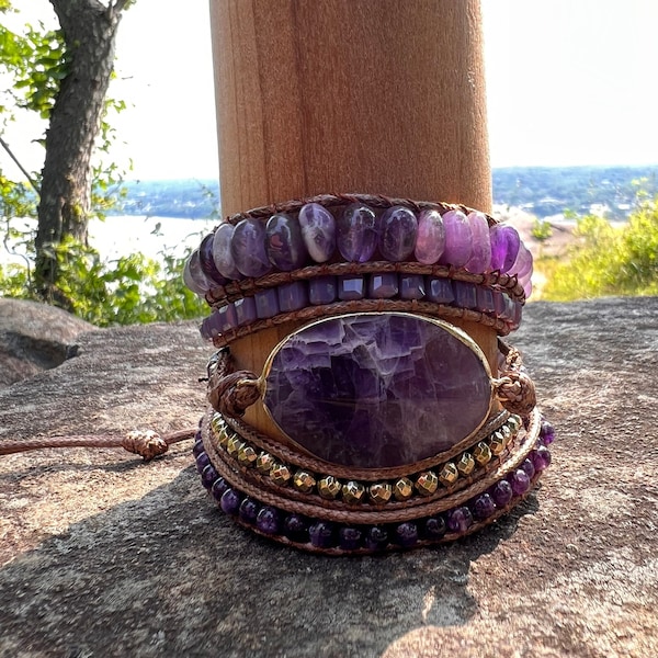 Natural Amethyst Bracelet, Natural Handmade Crystal Jewelry, Purple 5 Wrap Yoga Bracelet, Spiritual Energy Protection Bracelet For Him Her