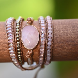Rose Quartz Stone Wrap Bracelet: Boho Healing Gemstone Bracelet