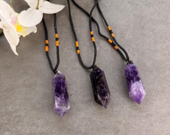 Raw Amethyst Pendant Necklace, Purple Amethyst Necklace, Natural Amethyst Adjustable Necklace, Amethyst Healing Necklace, Gift For Him