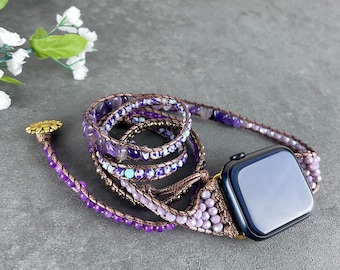 Natural Amethyst Apple Watch Strap, Healing Gemstone Watch Bands, Purple Amethyst Watch Band, Crystal Watch Strap For Her, Beaded Watch Band