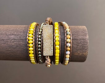 Yellow Jade Druzy Stone 5 Wrap Bracelet: Boho Healing Crystals