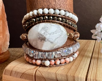 Howlite Wrap Bracelet, Natural Gemstone 5 Wrap Bracelet, Howlite Healing Stone Bracelets, Spiritual Energy Protection Bracelet, Yoga Jewelry