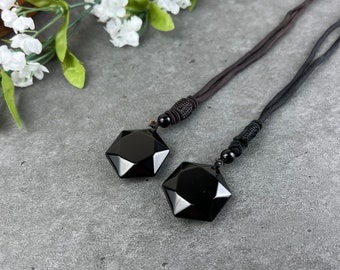 Obsidian Necklace, Black Obsidian Hexagram Pendant Necklace, Healing Crystal Rope Chain Necklace, Unisex Obsidian Necklace, Fathers Day Gift