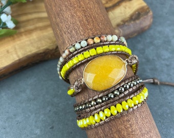 Yellow Jade Gemstone 5 Wrap Bracelet: Boho Spiritual Protection