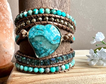 Chrysocolla Gemstone Wrap Bracelet, Natural Chrysocolla 5 Wrap Bracelet