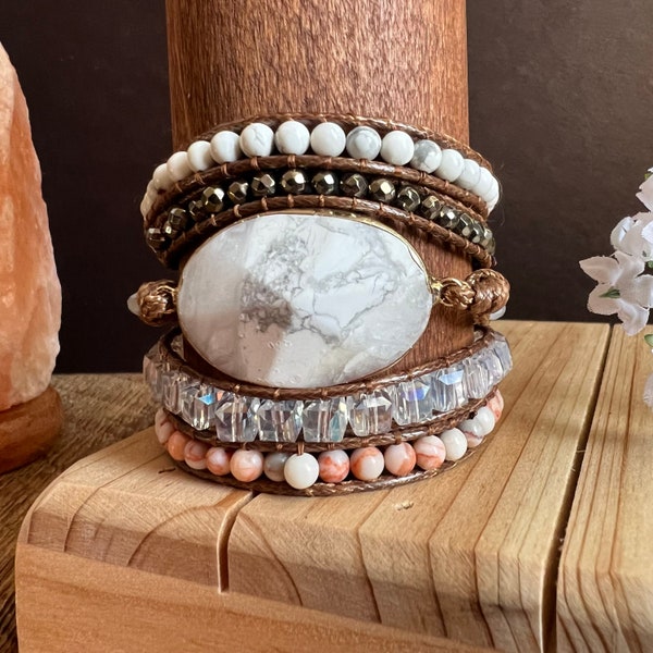 Howlite Wrap Bracelet, Natural Gemstone 5 Wrap Bracelet, Howlite Healing Stone Bracelets, Spiritual Energy Protection Bracelet, Yoga Jewelry