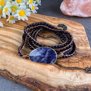 Lapis Lazuli Stone 5 Wrap Bracelet: Boho Vegan Leather Yoga Jewelry